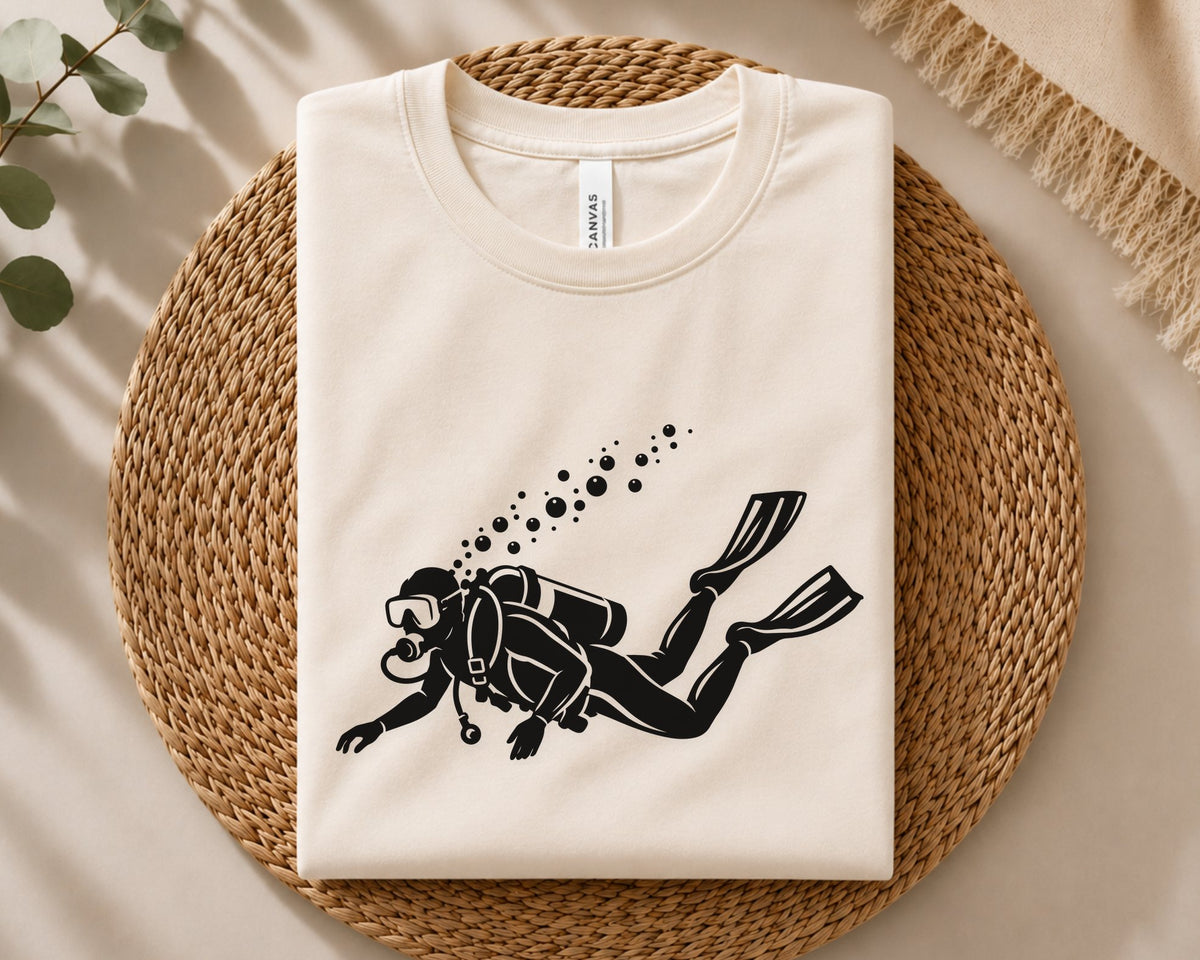 Ocean explorer cut file showing an underwater diver silhouette with scuba gear and bubble trail, ideal for apparel, decals, marine crafts, and DIY projects.