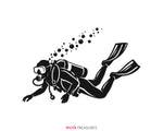 Scuba diver SVG PNG silhouette featuring a deep sea diver with tank, mask, flippers, regulator, and rising bubbles for shirts, decals, printables, and crafts.