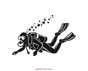 Scuba diver SVG PNG silhouette featuring a deep sea diver with tank, mask, flippers, regulator, and rising bubbles for shirts, decals, printables, and crafts.