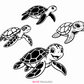 Marine turtle cut file collection with varied sea turtle illustrations, beach scenes, botanical accents, waves, hearts, and playful designs for shirts, decals, and crafts.