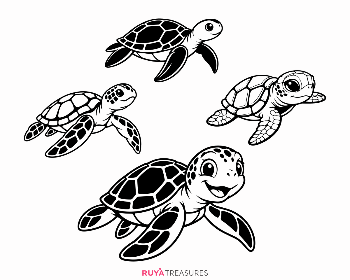 Marine turtle cut file collection with varied sea turtle illustrations, beach scenes, botanical accents, waves, hearts, and playful designs for shirts, decals, and crafts.