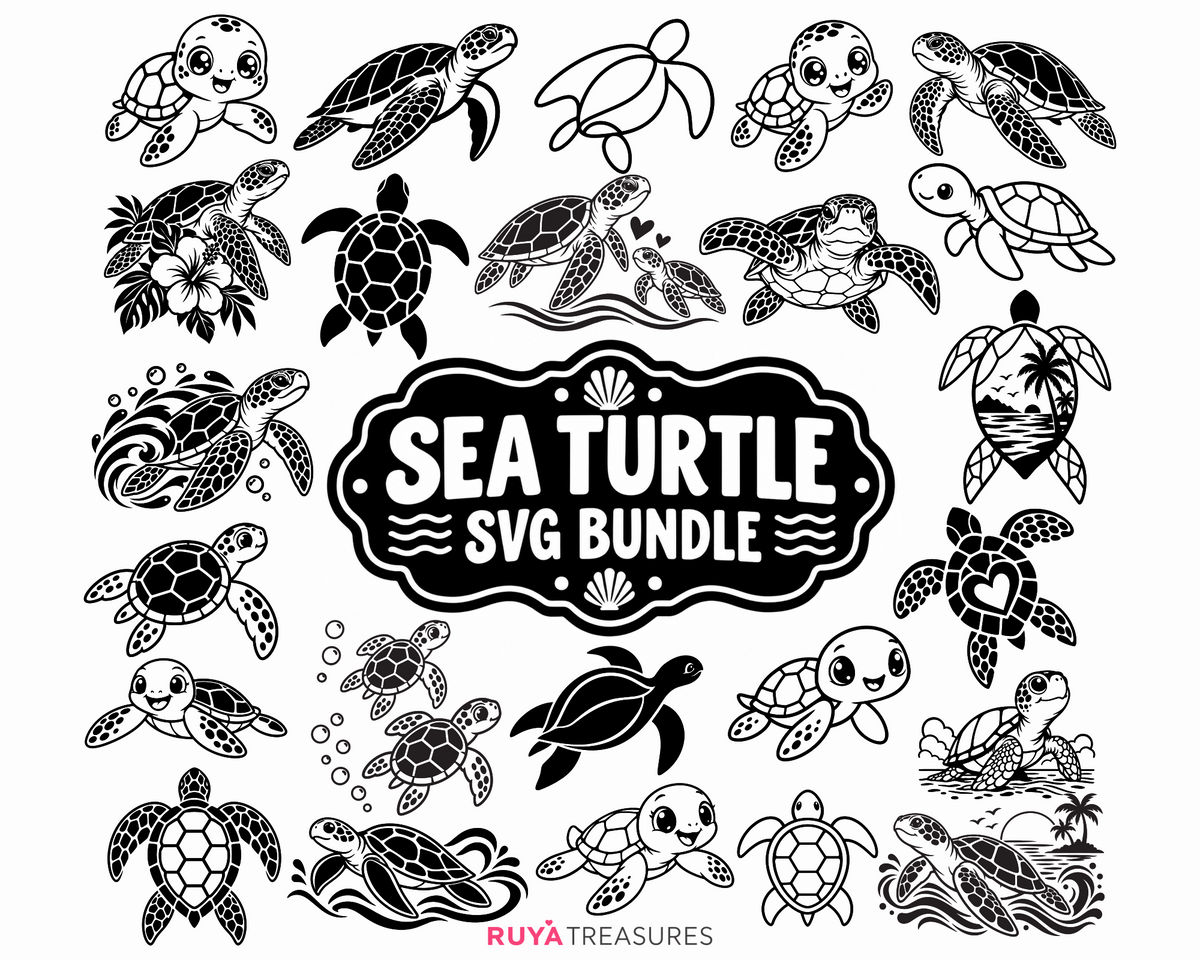 Sea Turtle SVG Bundle featuring multiple turtle styles including cute cartoon turtles, realistic marine turtles, tropical floral designs, ocean waves, hearts, and simple outlines.