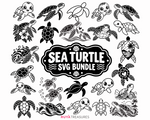 Sea Turtle SVG Bundle featuring multiple turtle styles including cute cartoon turtles, realistic marine turtles, tropical floral designs, ocean waves, hearts, and simple outlines.