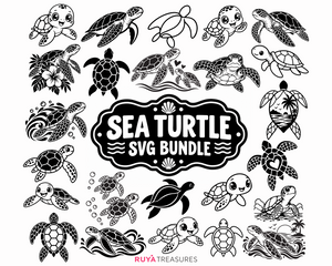 Sea Turtle SVG Bundle featuring multiple turtle styles including cute cartoon turtles, realistic marine turtles, tropical floral designs, ocean waves, hearts, and simple outlines.