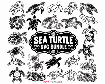 Sea Turtle SVG Bundle featuring multiple turtle styles including cute cartoon turtles, realistic marine turtles, tropical floral designs, ocean waves, hearts, and simple outlines.