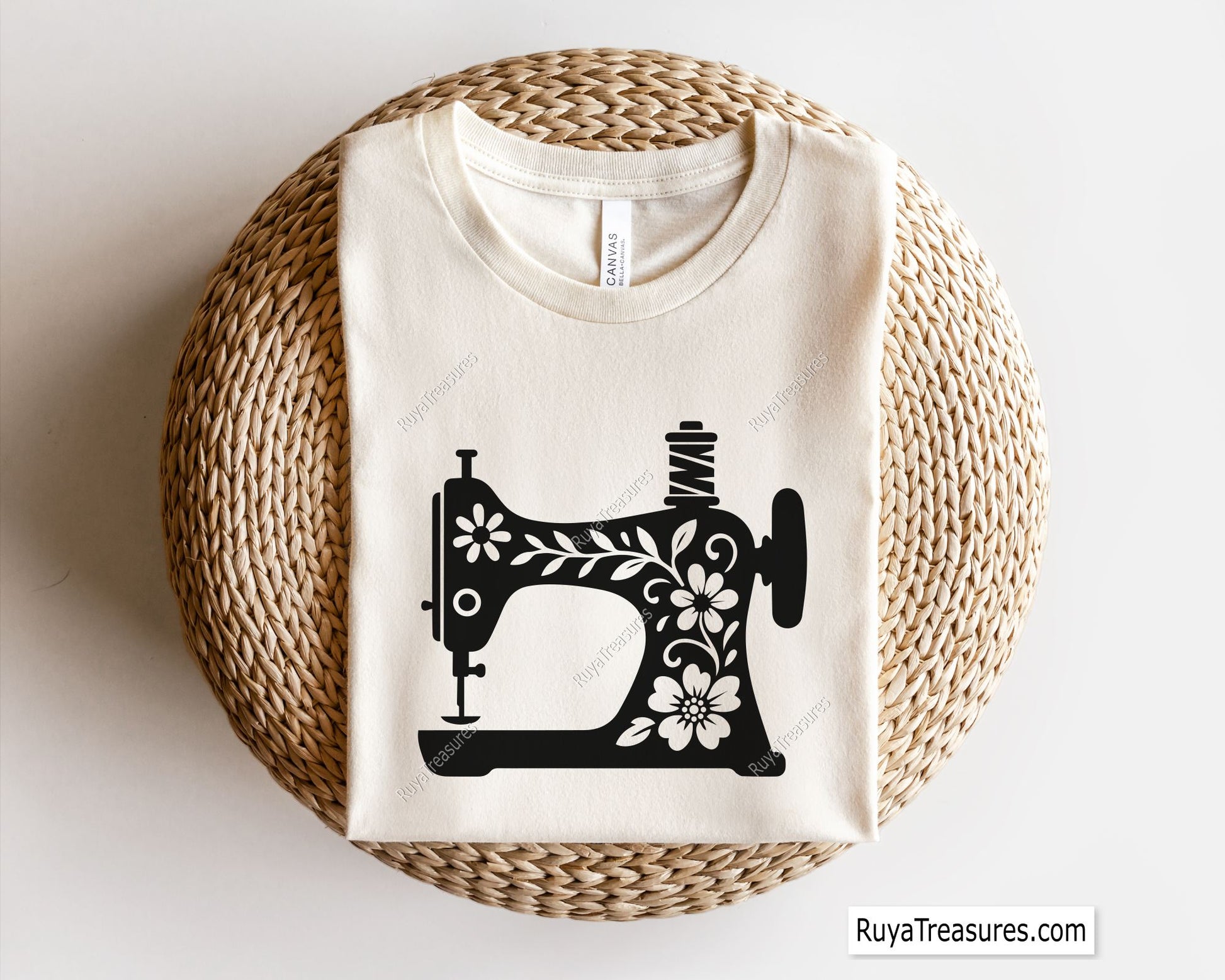 floral sewing machine SVG PNG featuring simple flower patterns on vintage sewing machine for shirts decals and craft projects