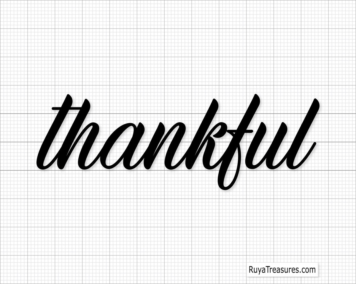 The image shows the word 'thankful' in a stylish script font, presented on a grid background, indicating it is a design file for creative projects like typography art or crafting.