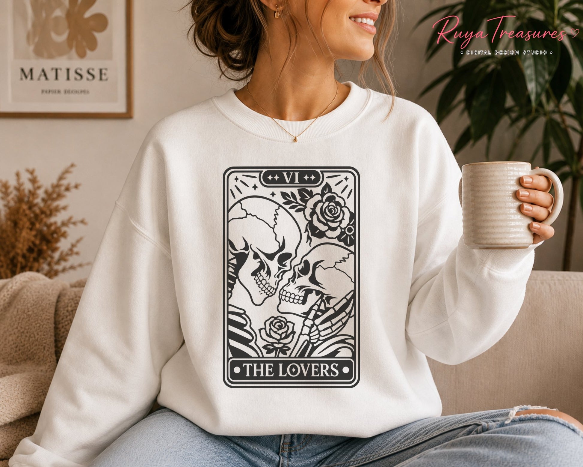 Gothic Lovers tarot artwork featuring a romantic skull couple, floral roses, Roman numeral VI and detailed black line art inside a card frame.