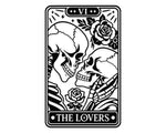Gothic Lovers tarot artwork featuring a romantic skull couple, floral roses, Roman numeral VI and detailed black line art inside a card frame.