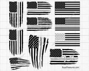 Thin silver line USA flag bundle SVG PNG featuring distressed American flag designs for correctional officer support shirts decals and patriotic projects