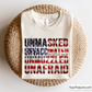 A graphic design with the text 'UNAMASKED' and 'UNVACCINATED' in stylized red and blue fonts on a background that resembles an American flag.