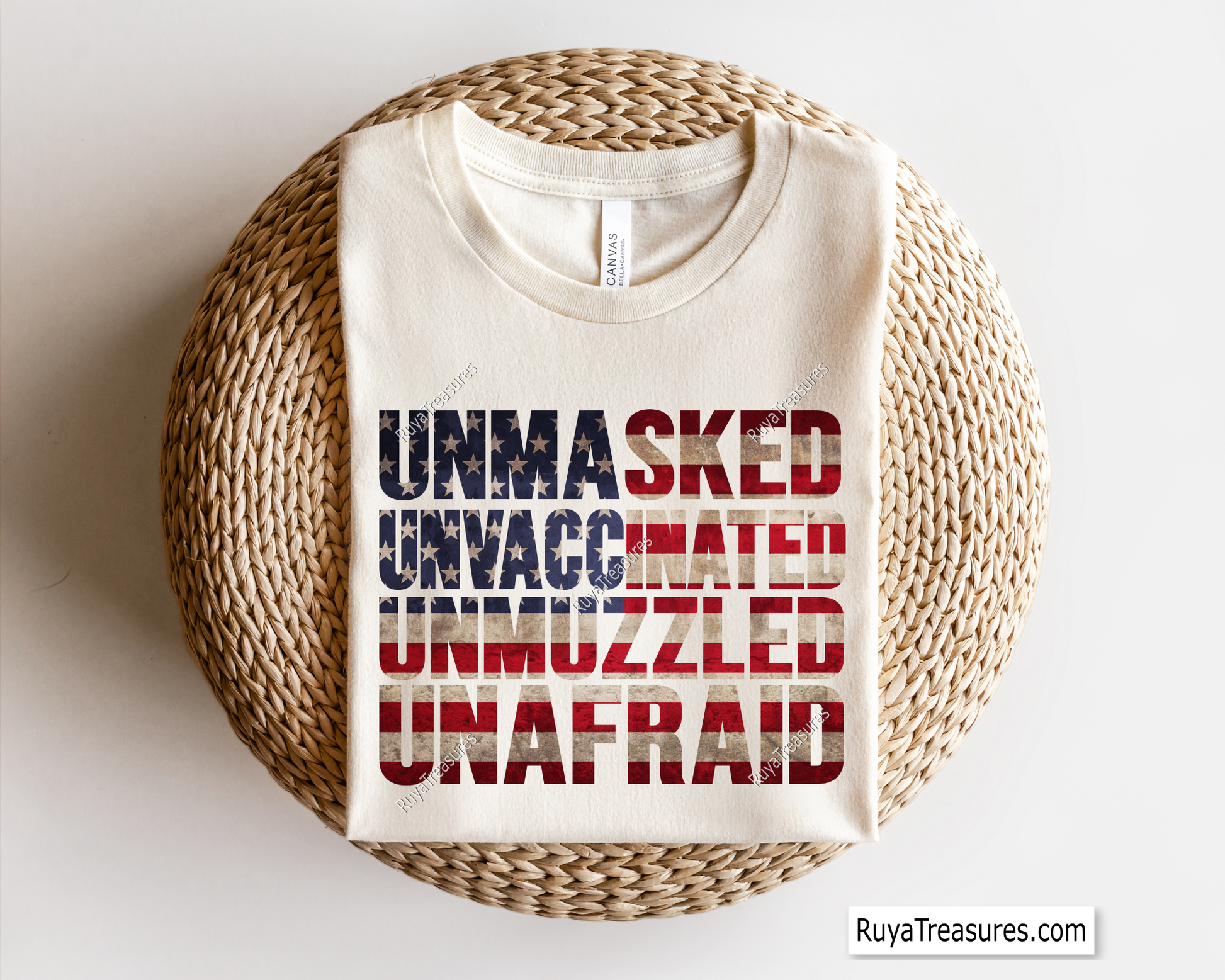 A graphic design with the text 'UNAMASKED' and 'UNVACCINATED' in stylized red and blue fonts on a background that resembles an American flag.