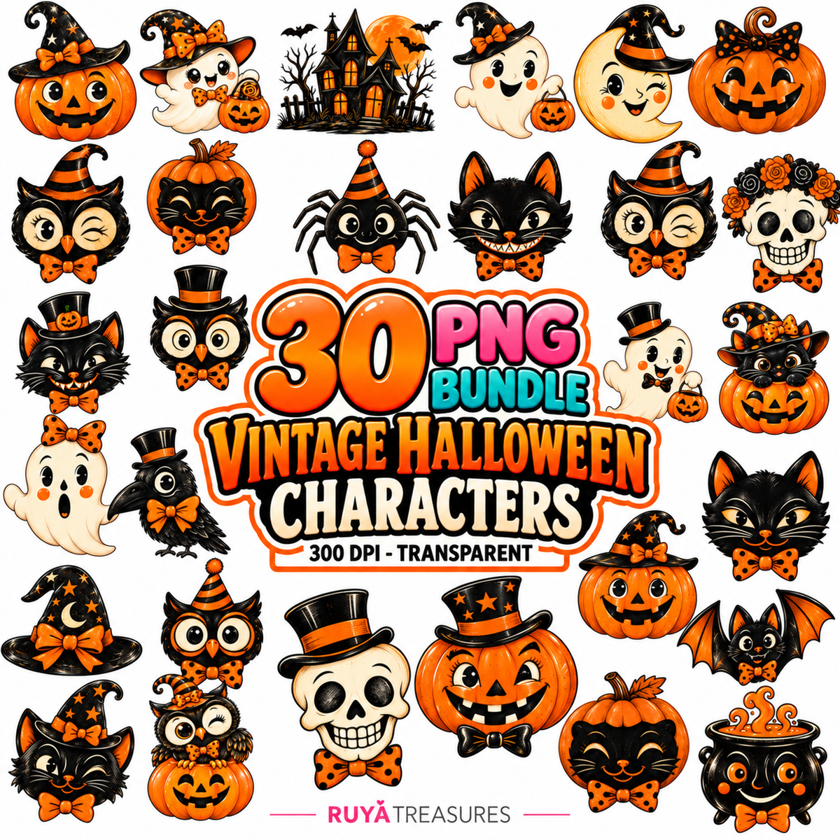 Vintage Halloween Characters PNG Bundle featuring 30 cute retro Halloween designs including pumpkins, ghosts, black cats, owls, skulls, bats, spiders, and witch hats in classic orange and black.