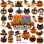 Vintage Halloween Characters PNG Bundle featuring 30 cute retro Halloween designs including pumpkins, ghosts, black cats, owls, skulls, bats, spiders, and witch hats in classic orange and black.