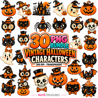 Vintage Halloween Characters PNG Bundle featuring 30 cute retro Halloween designs including pumpkins, ghosts, black cats, owls, skulls, bats, spiders, and witch hats in classic orange and black.