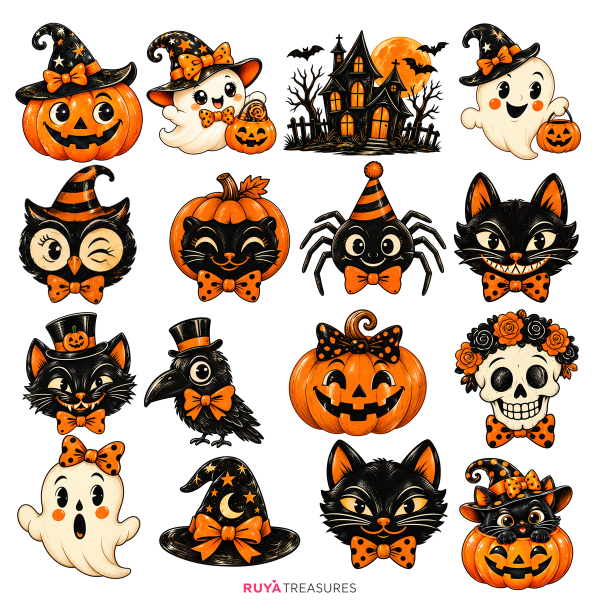 30 Vintage Halloween PNG Clipart Designs with adorable jack o lanterns, spooky ghosts, witchy cats, Halloween owls, haunted house, skeletons, and festive characters for sublimation, stickers, and crafts.