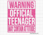 Warning official teenager may contain attitude funny quote design in bold typography for apparel gifts and teen projects