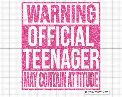 Warning official teenager may contain attitude funny quote design in bold typography for apparel gifts and teen projects