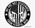 we are not descended SVG PNG featuring 1776 punisher skull with American flag design in bold circular patriotic style for shirts decals