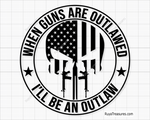 When guns are outlawed I'll be an outlaw skull with rifles and USA flag badge design in black for decals apparel and statement projects
