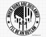 When guns are outlawed I'll be an outlaw skull with rifles and USA flag badge design in black for decals apparel and statement projects