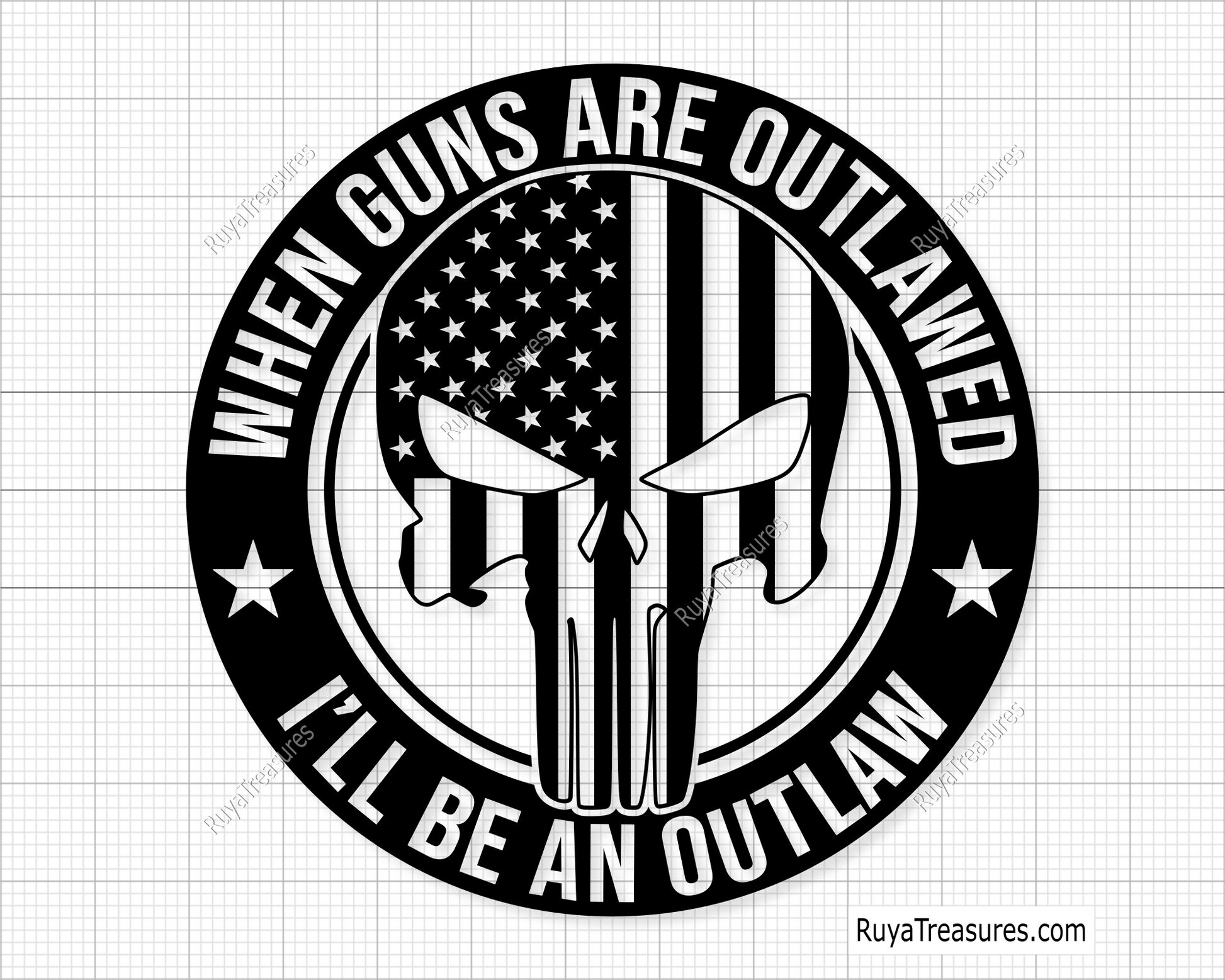 When guns are outlawed I'll be an outlaw skull with USA flag badge design in black for decals apparel and statement projects