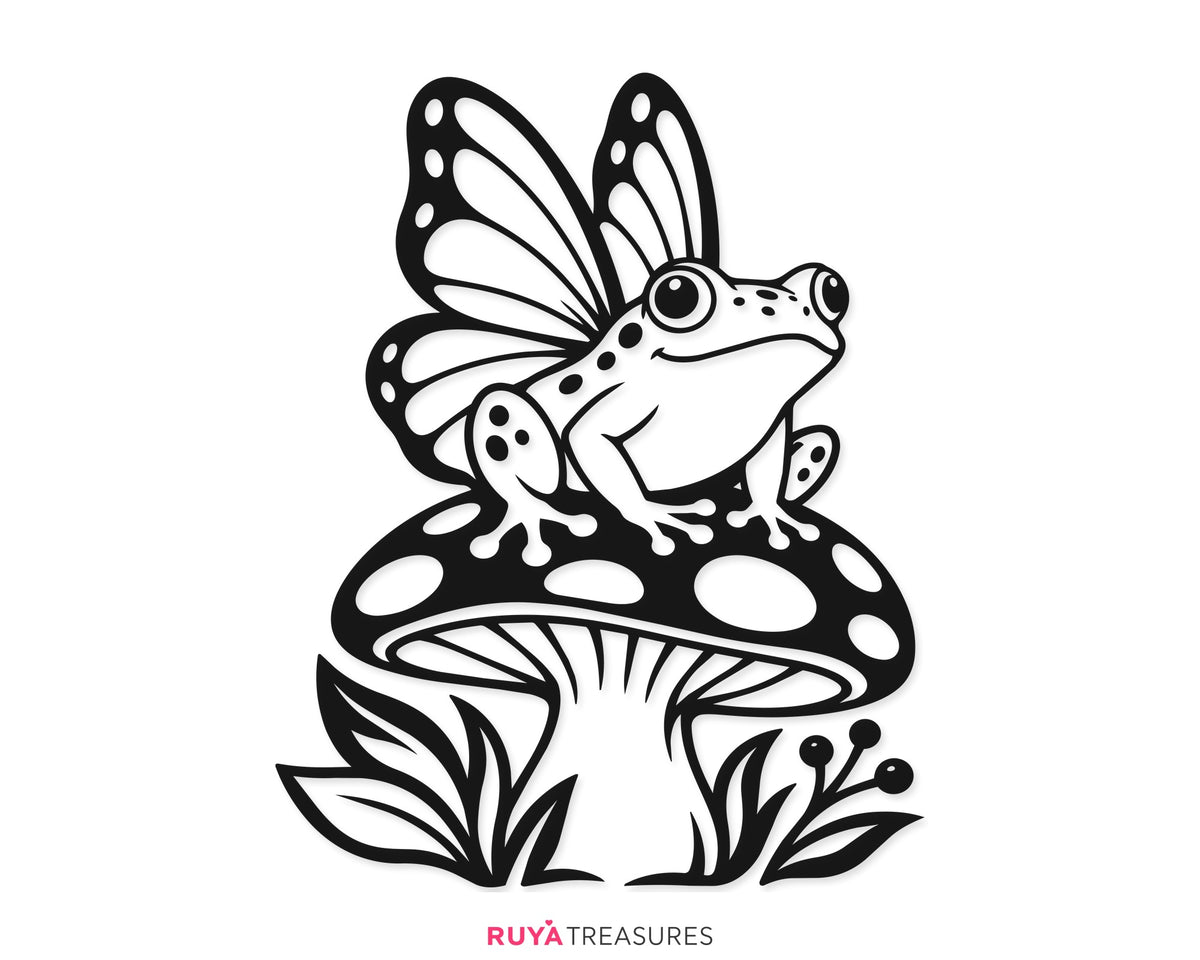 Whimsical winged frog SVG PNG perched on a spotted mushroom with large butterfly-style wings, leaves, and berries for fantasy and cottagecore crafts.
