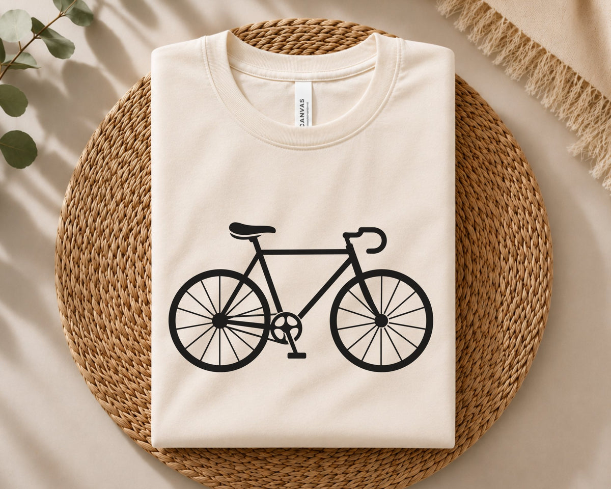 Cycling bike design, simple black road bicycle silhouette with pedals, frame, and spoke wheels, cycling fans, gifts, apparel, and DIY projects.