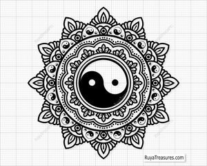 Yin and Yang Zentangle SVG PNG with intricate mandala details, symbolizing harmony and balance, ideal for creative digital projects