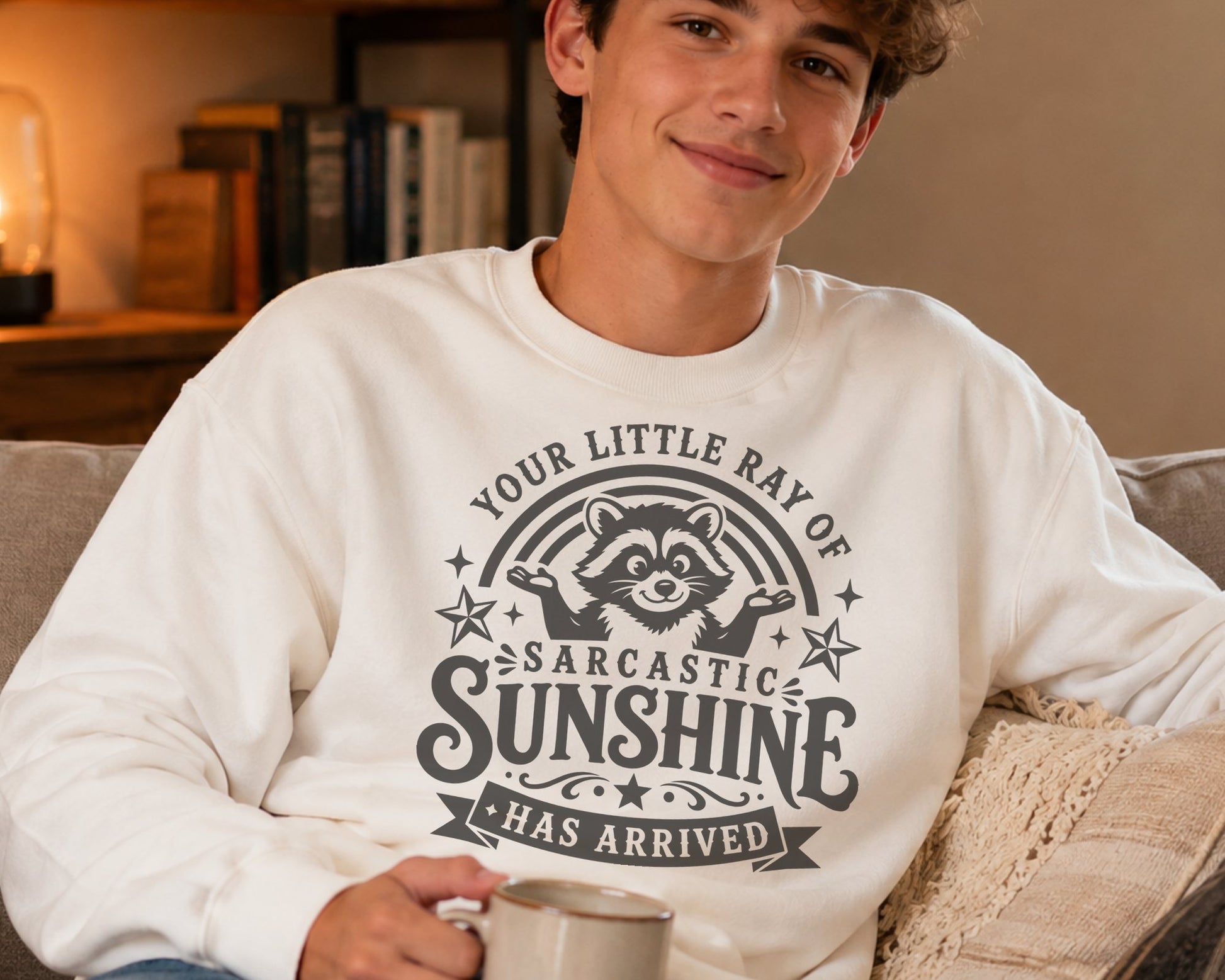 Raccoon quote design; digital design displayed on a white T-shirt mockup, worn by a female model