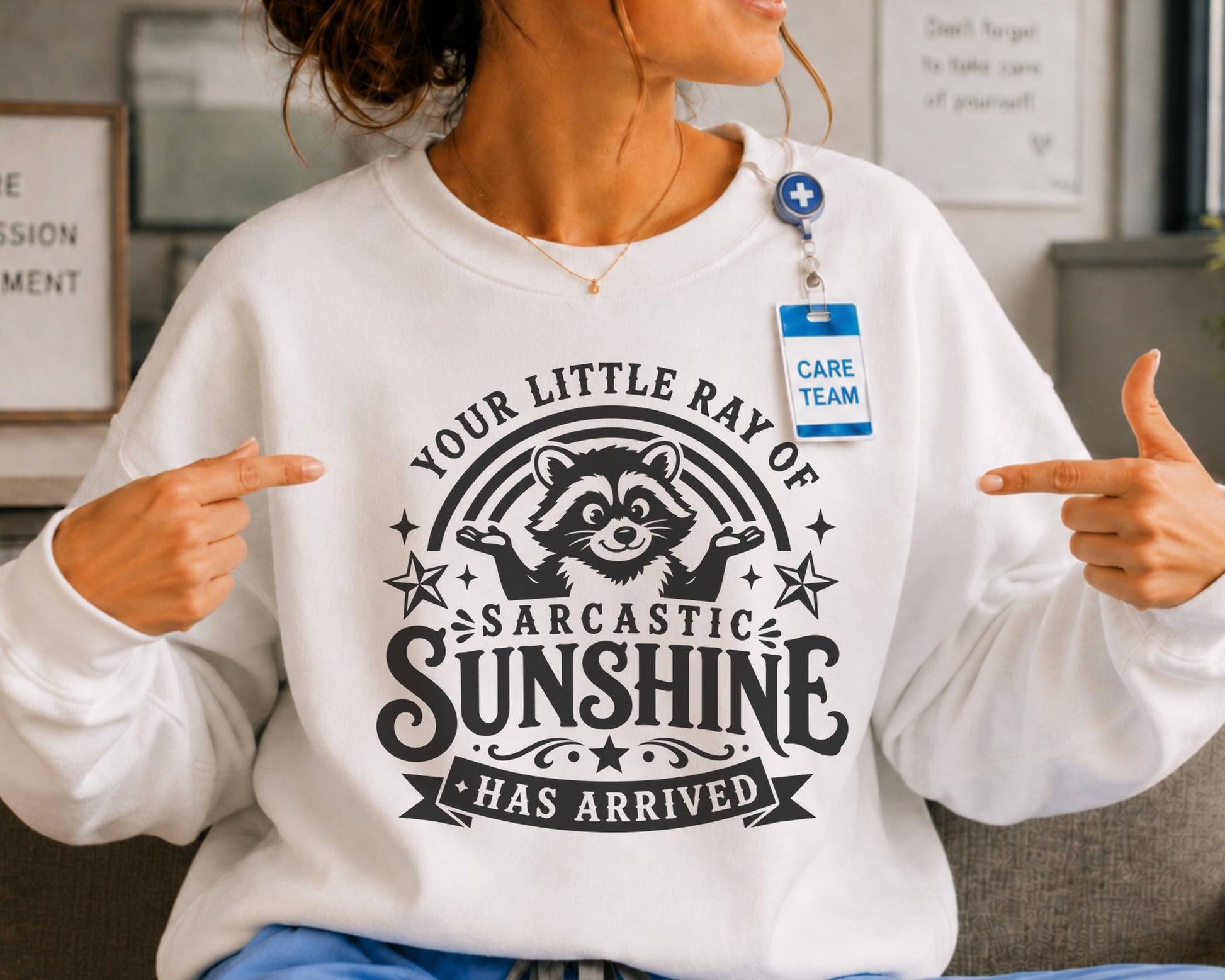 Raccoon lettering artwork; digital design displayed on a white sweatshirt mockup, shown on the front