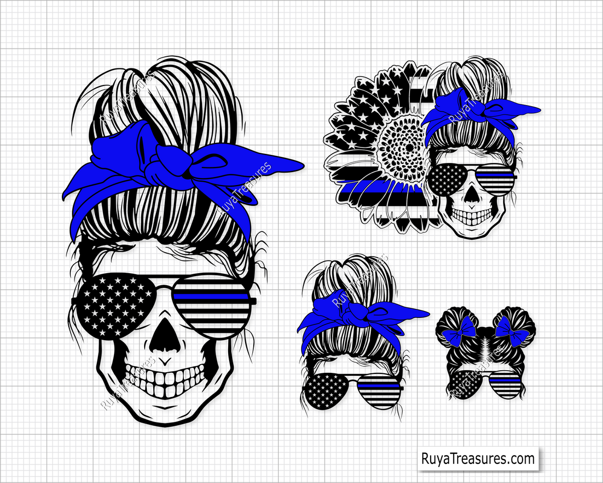 American Sunflower Messy Bun Blue Line svg
