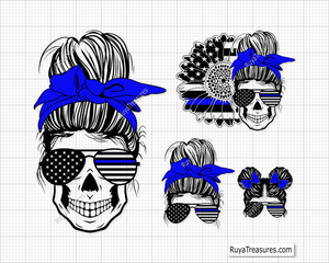 American Sunflower Messy Bun Blue Line svg