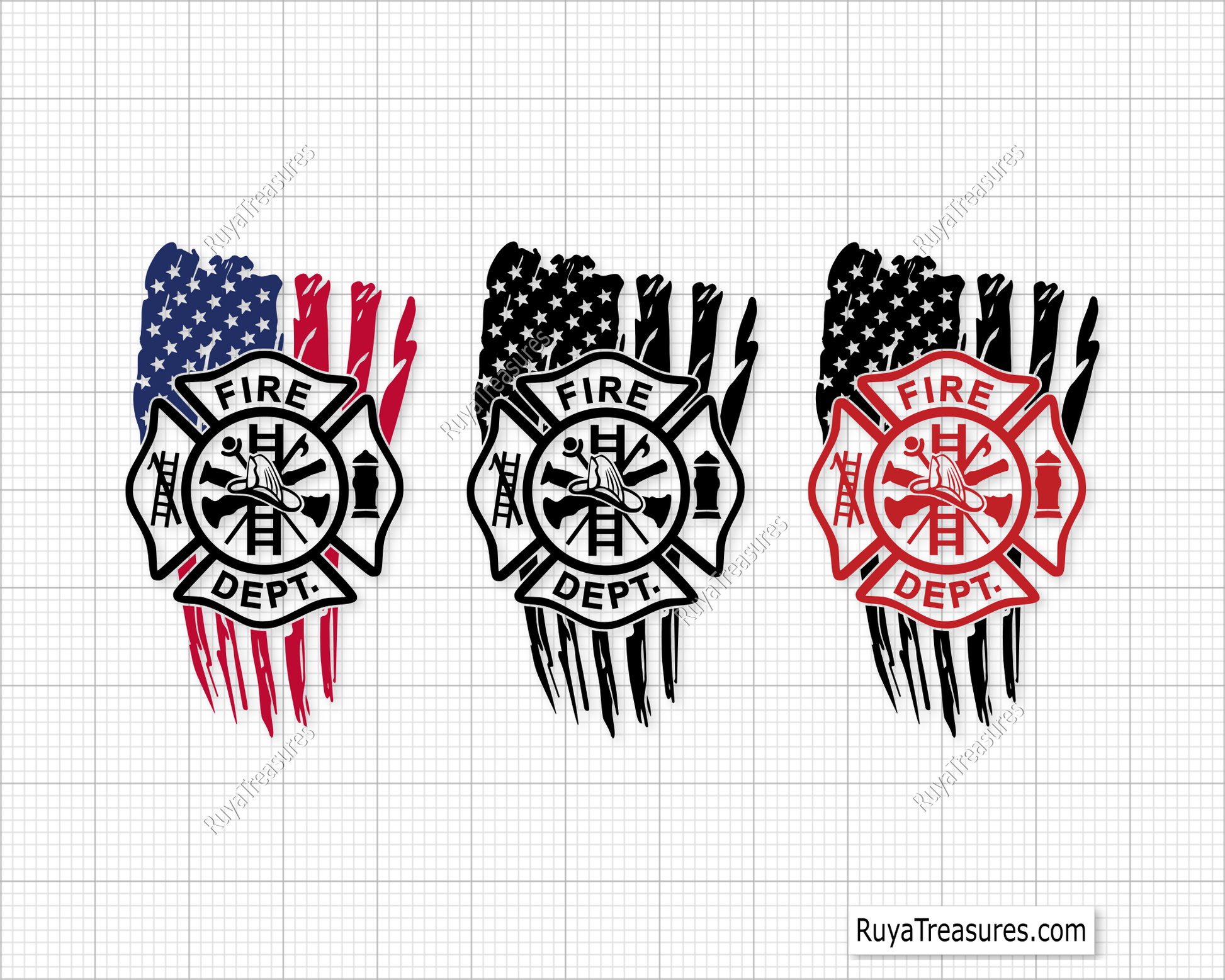 Fire department badge emblem in black over distressed USA flag design for firefighter decals apparel and patriotic projects