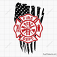 Fire department badge emblem in black over distressed USA flag design for firefighter decals apparel and patriotic projects