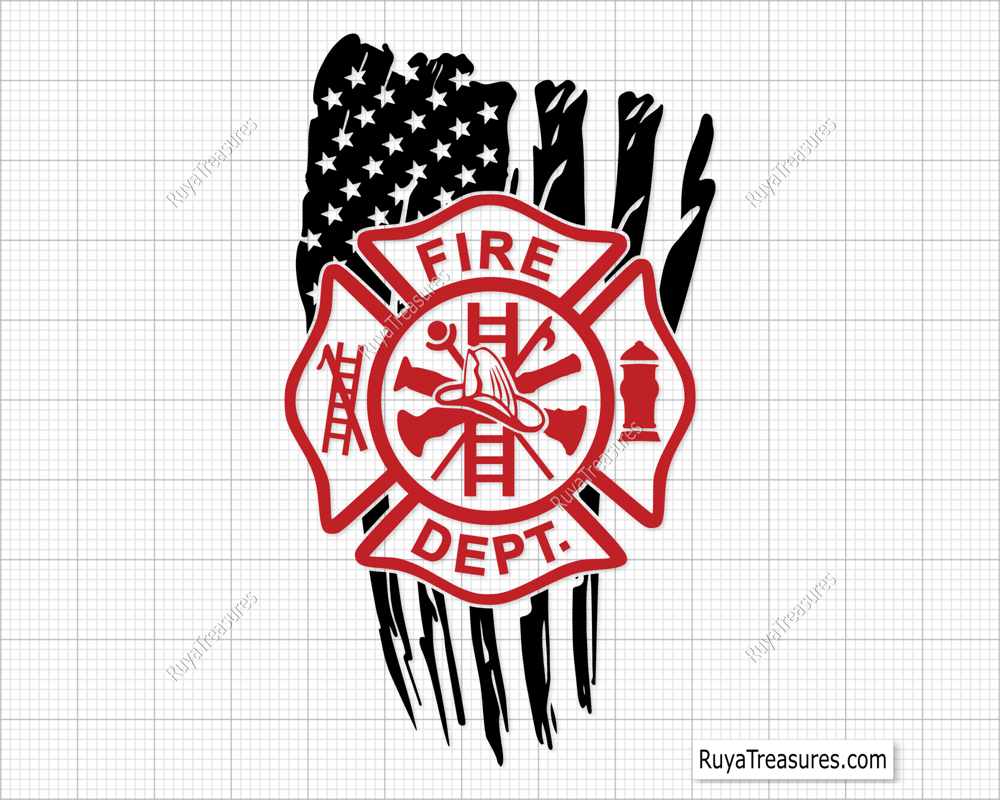 Fire department badge emblem in black over distressed USA flag design for firefighter decals apparel and patriotic projects