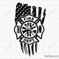 Fire department badge emblem in black over distressed USA flag design for firefighter decals apparel and patriotic projects