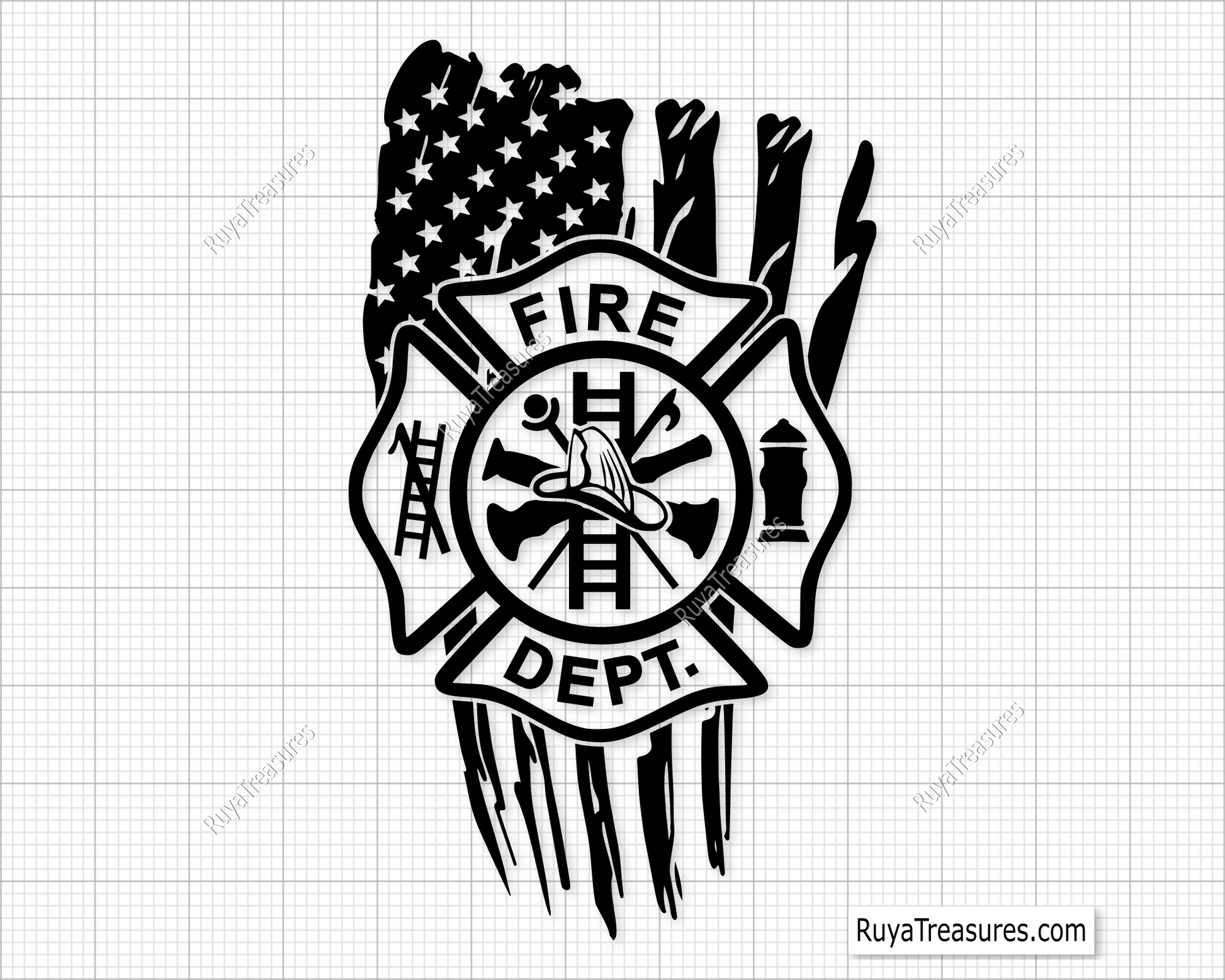 Fire department badge emblem in black over distressed USA flag design for firefighter decals apparel and patriotic projects