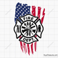 Fire department badge emblem in black over distressed USA flag design for firefighter decals apparel and patriotic projects