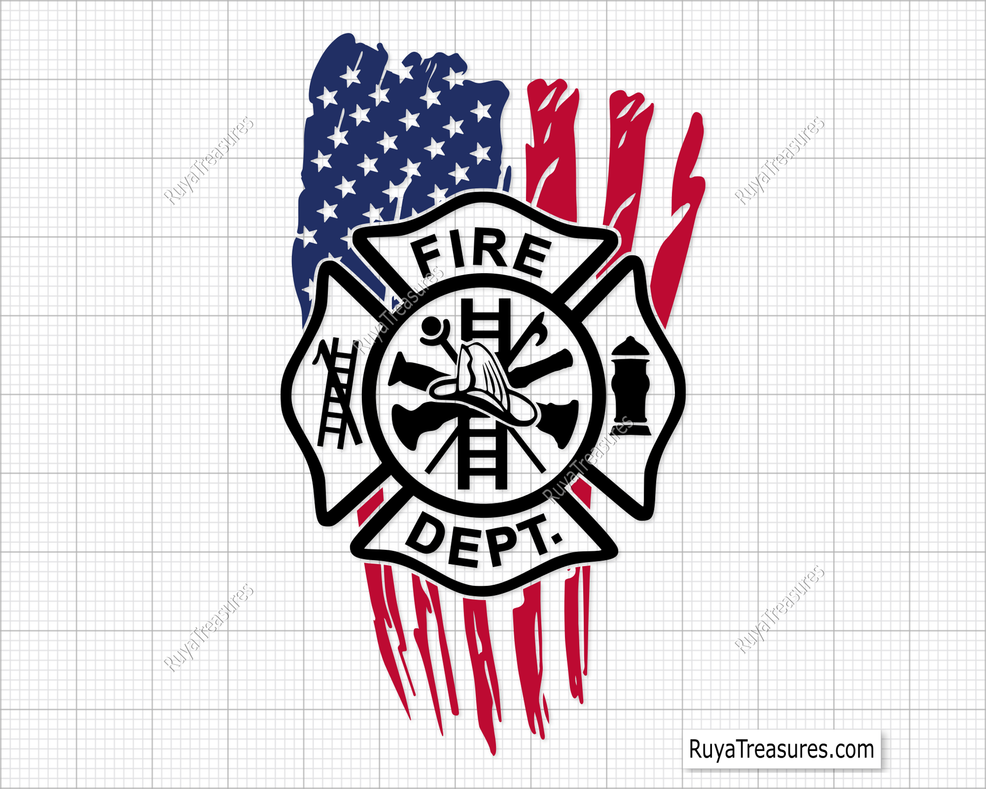 Fire department badge emblem in black over distressed USA flag design for firefighter decals apparel and patriotic projects