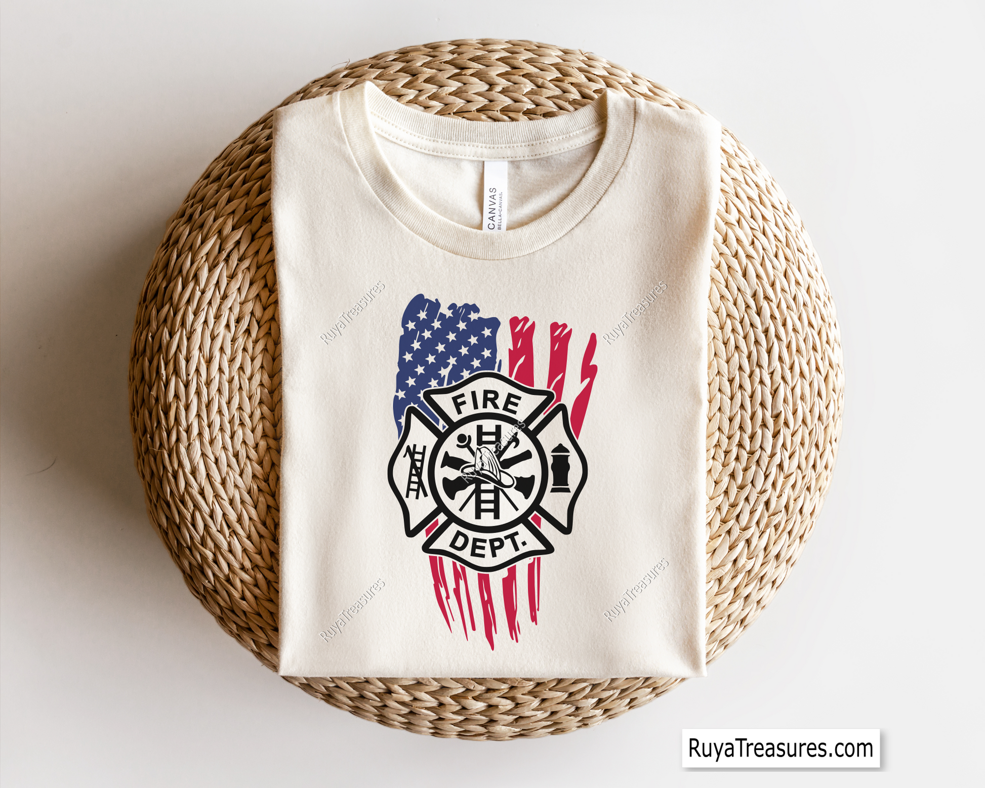 Fire department badge emblem in black over distressed USA flag design for firefighter decals apparel and patriotic projects