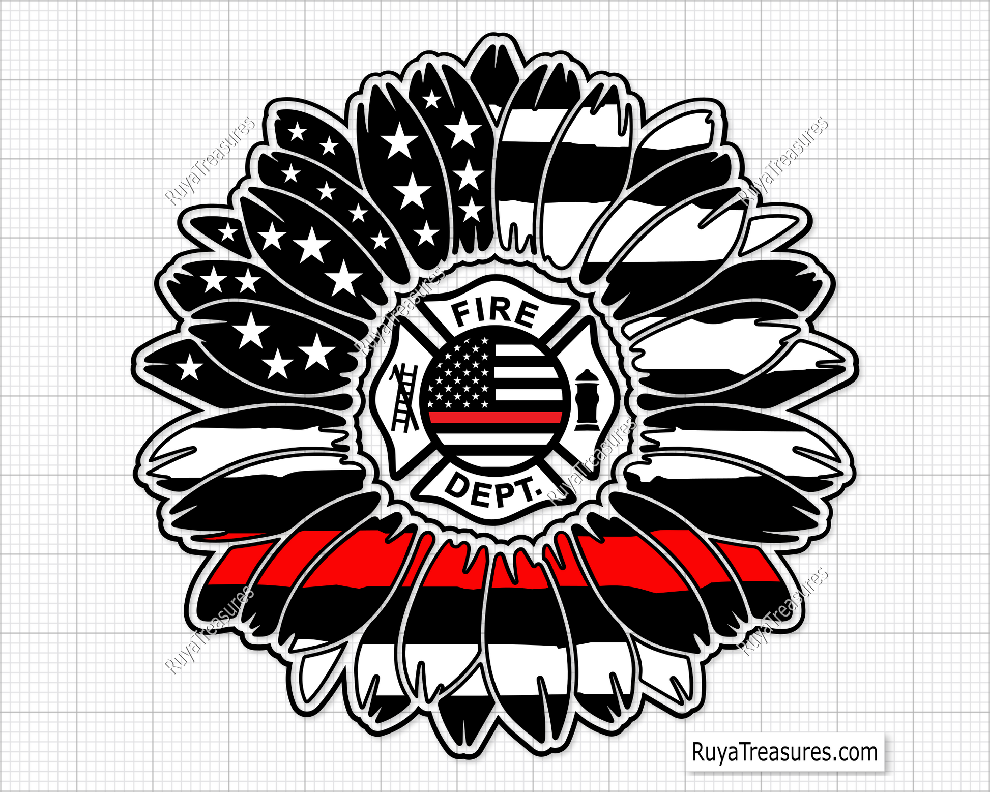 firefighter sunflower design with thin red line and fire dept badge for shirts decals gifts and firefighter support projects
