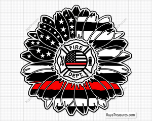 firefighter sunflower design with thin red line and fire dept badge for shirts decals gifts and firefighter support projects
