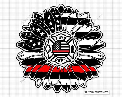 firefighter sunflower design with thin red line and fire dept badge for shirts decals gifts and firefighter support projects