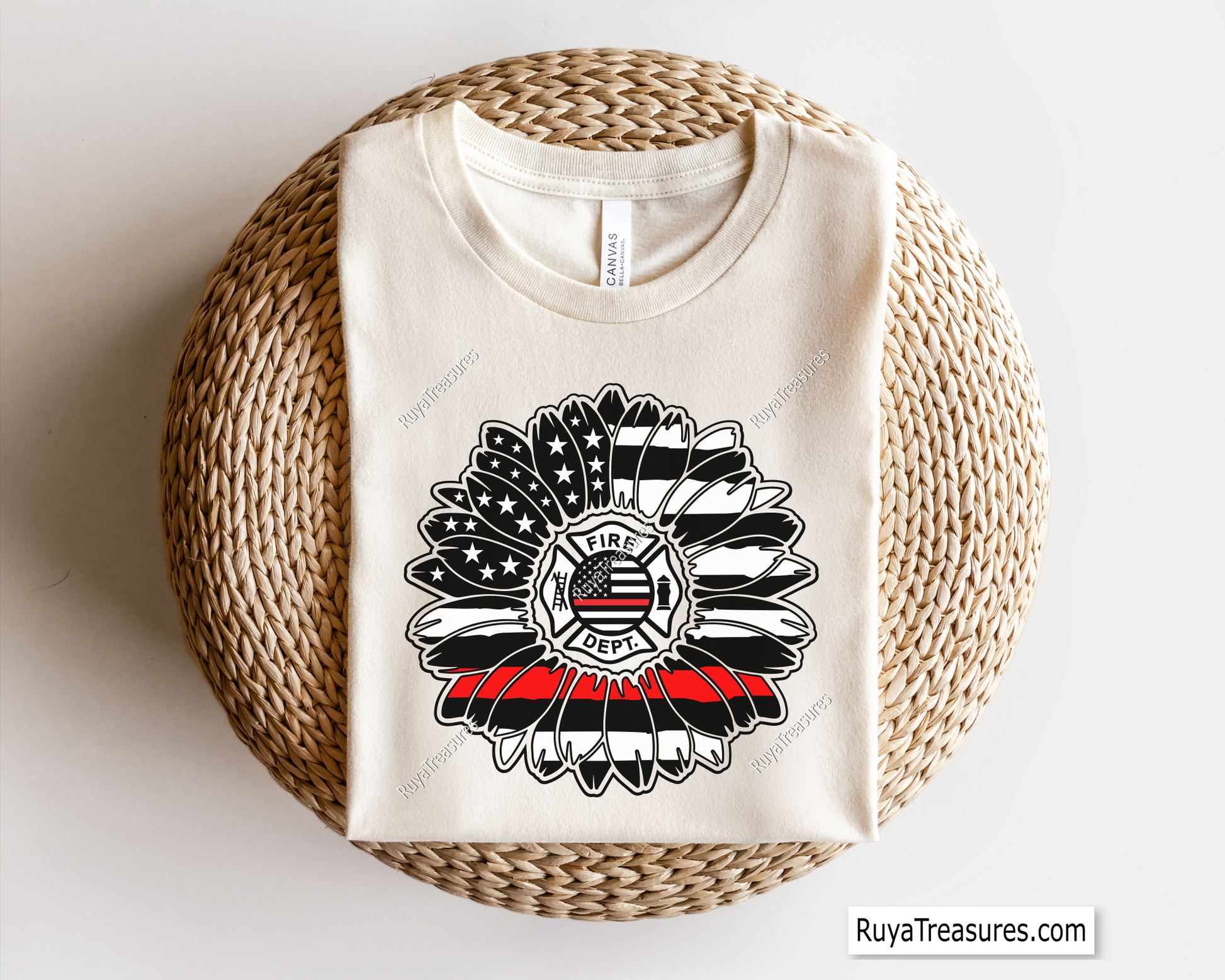 firefighter sunflower design with thin red line and fire dept badge for shirts decals gifts and firefighter support projects