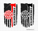 Firefighter axe with fire department badge over USA flag and vertical firefighter text design for apparel decals and patriotic projects