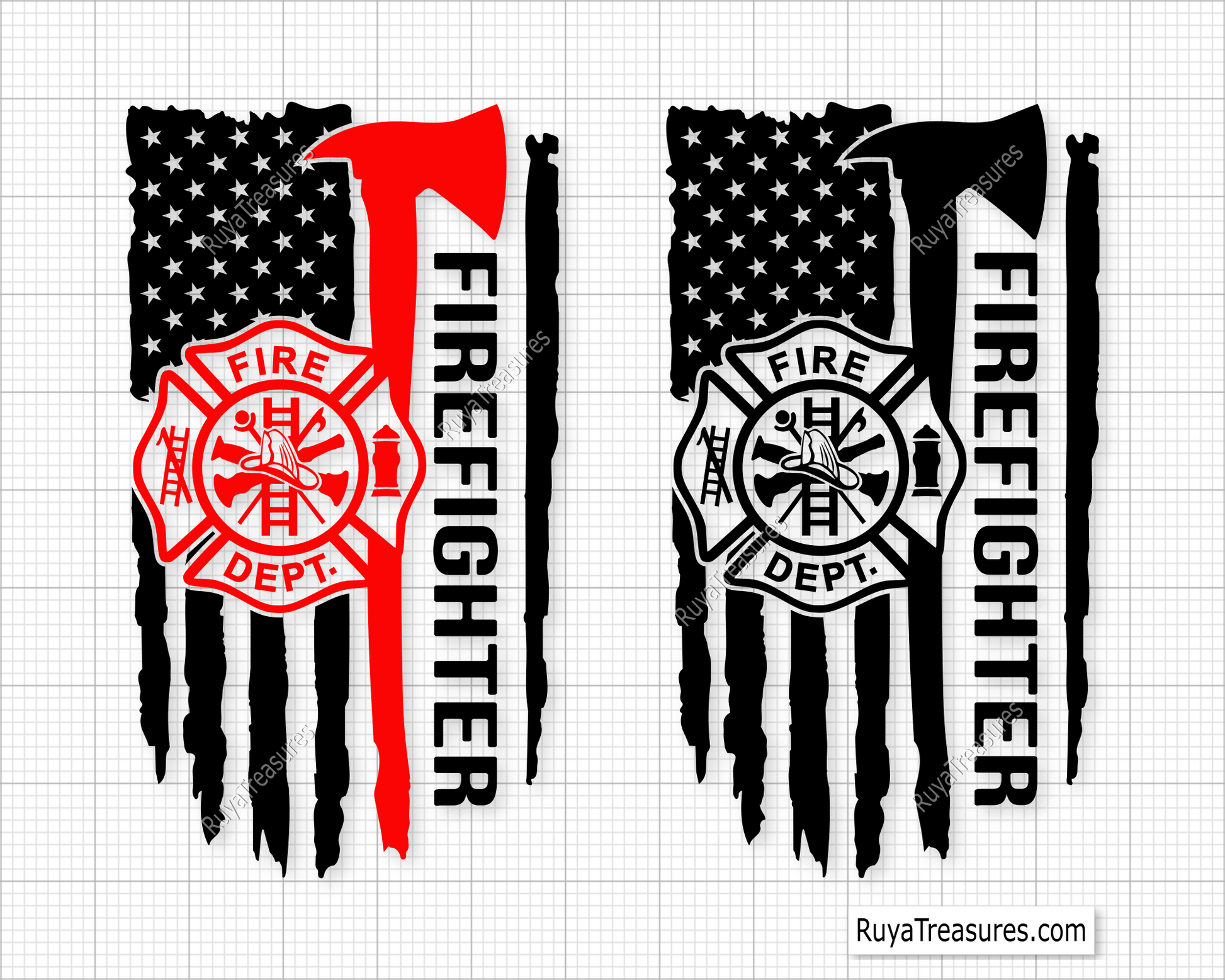 Firefighter axe with fire department badge over USA flag and vertical firefighter text design for apparel decals and patriotic projects