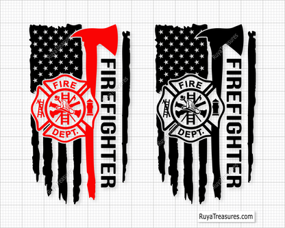 Firefighter axe with fire department badge over USA flag and vertical firefighter text design for apparel decals and patriotic projects