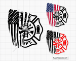 Fire department badge split with distressed USA flag design in black for firefighter decals apparel and patriotic projects