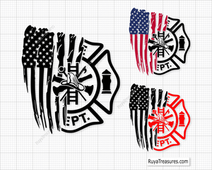 Fire department badge split with distressed USA flag design in black for firefighter decals apparel and patriotic projects